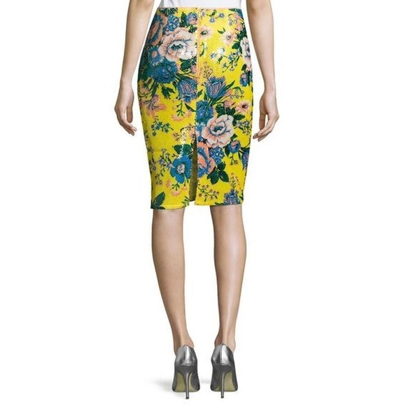 Diane Von Furstenberg Sequin Pencil Skirt Yellow Floral Embellished Size 8 DVF - Picture 8 of 11
